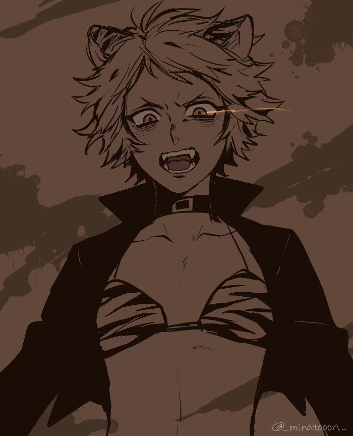 1girl, aira_kanae, angry, animal_ears, animal_print, bra, breasts, choker