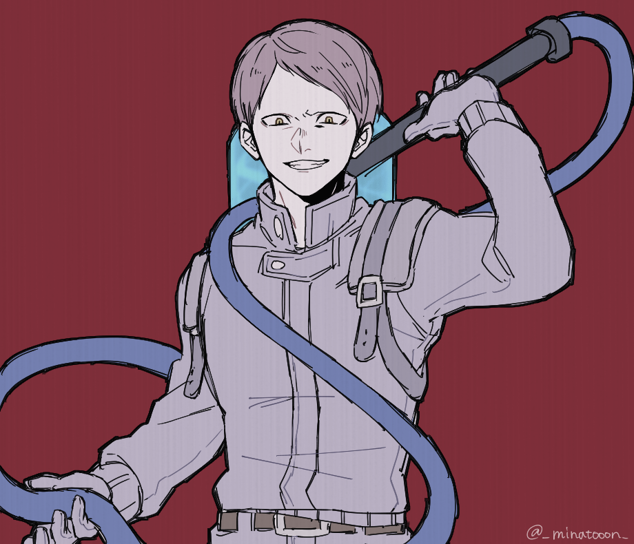 1boy, belt, clenched_teeth, gloves, holding, juuni_taisen, light_purple_hair, looking_at_viewer