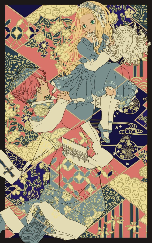 1boy, 1girl, blonde_hair, blue_dress, bourbone, bow, child, cross, dress, edwards, closed_eyes, floral_print, frills, green_eyes, hair_ornament, own_hands_clasped, headdress, interlocked_fingers, kneeling, long_hair, long_sleeves, mary_janes, multiple_monochrome, own_hands_together, partially_colored, praying, puffy_sleeves, ribbon, robe, rosalie_(tactics), shoes, short_hair, sitting, tactics, uniform, unmoving_pattern, white_legwear