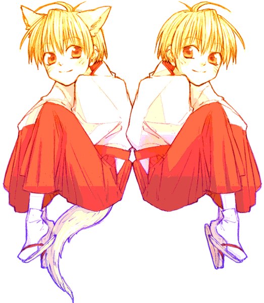 ahoge, animal_ears, blonde_hair, dual_persona, fox_ears, fox_tail, hakama, hakama_skirt