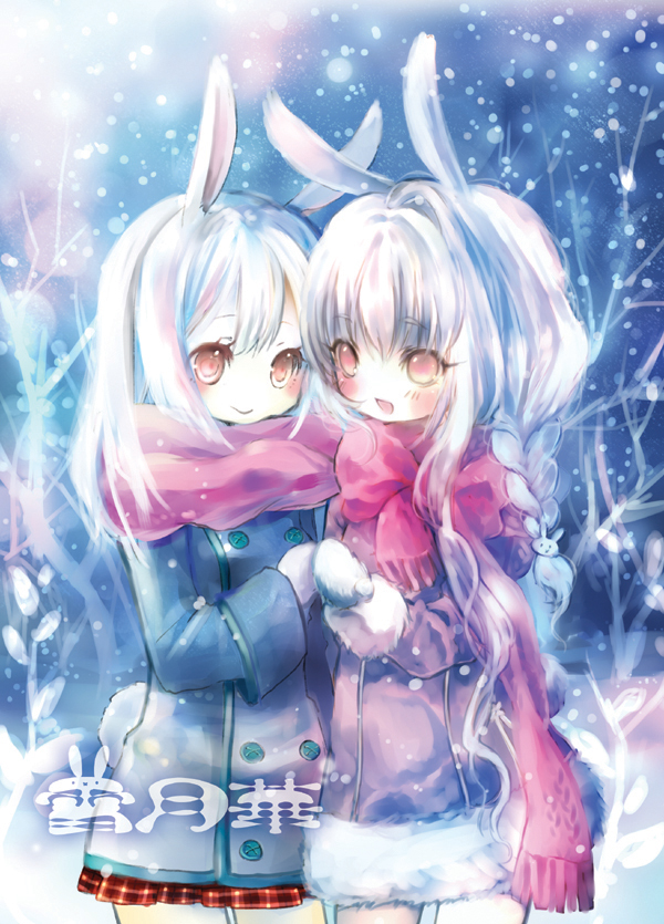 animal_ears, braid, komeko_meko_(mecolate), long_hair, onineko, original, pink_eyes, rabbit_ears, scarf, snow, white_hair