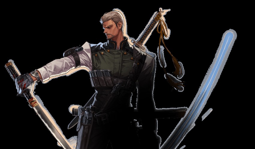 agent_(dungeon_and_fighter), ammunition_pouch, artist_request, belt, dark-skinned_male, dark_skin, dungeon_and_fighter, facial_hair, glasses, gun, gunblader_(dungeon_and_fighter), handgun, holster, katana, male_focus, official_art, pistol, pouch, secret_agent_(dungeon_and_fighter), solo, stubble, sword, transparent_background, vest, weapon, white_hair