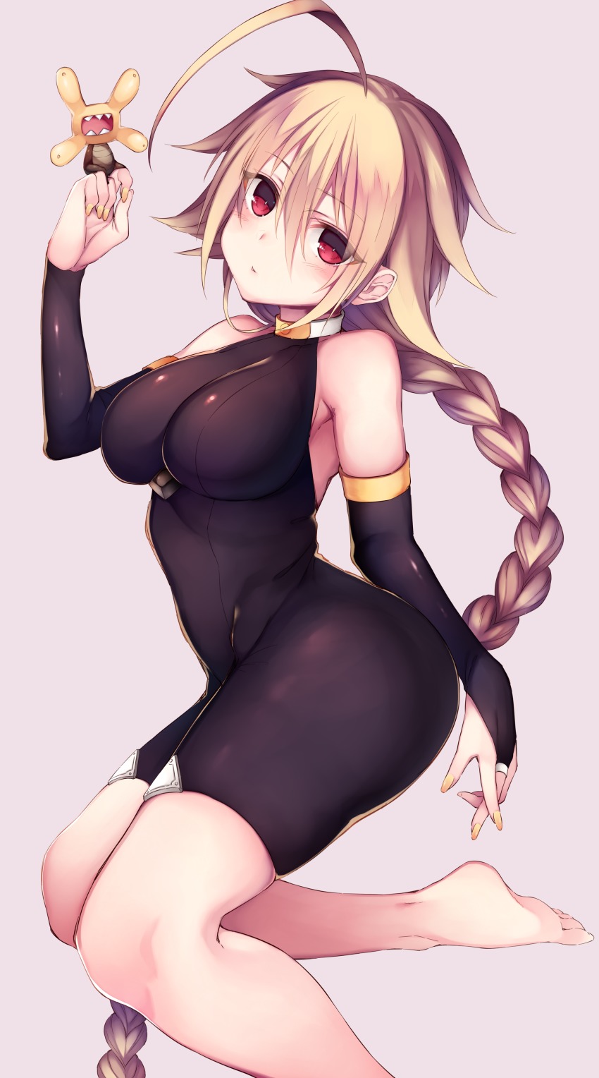 1girl, ?, absurdres, ahoge, blazblue, blonde_hair, bodysuit, braid, eyes_visible_through_hair, female_focus, food, grey_background, highres, hime_gyo, lambda-11, long_hair, red_eyes, simple_background, single_braid, skindentation, solo, tartar, very_long_hair