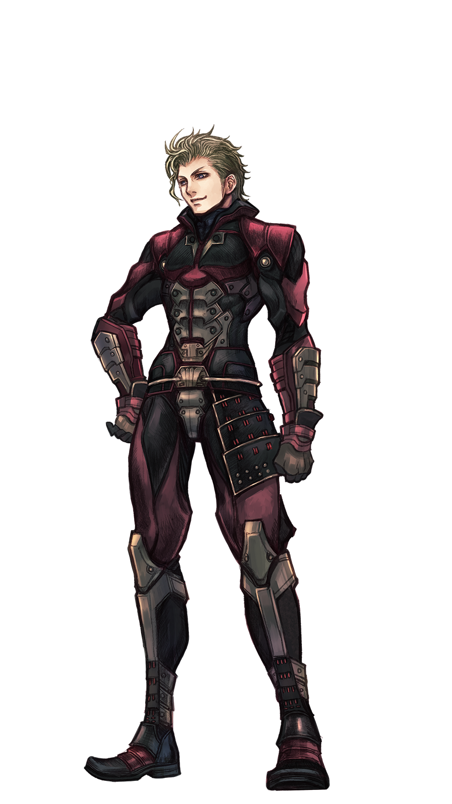 1boy, armor, blonde_hair, full_body, hand_on_own_hip, highres, japanese_clothes, male_focus