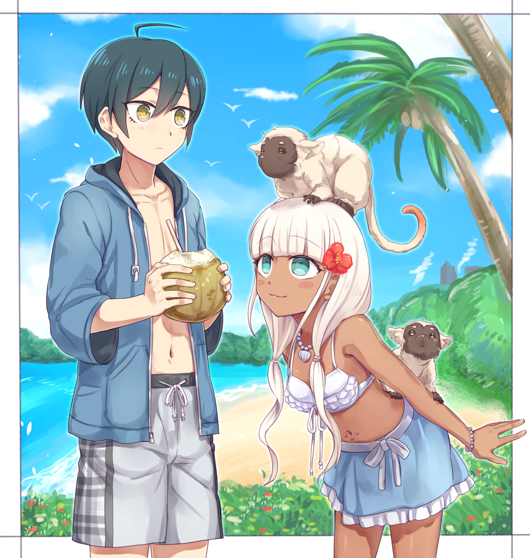 1boy, 1girl, ahoge, animal, bead_necklace, beads, bikini, bikini_top_only