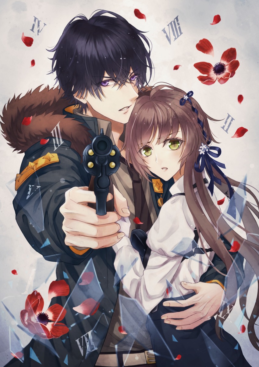 aiming, aiming_at_viewer, black_hair, braid, brown_hair, brown_neckwear, collar_x_malice, flower, fur_trim, glass_shards, green_eyes, gun, hair_ribbon, highres, hoshino_ichika, looking_at_viewer, parted_lips, petals, pointing, pointing_at_viewer, purple_eyes, ribbon, roman_numeral, sakunagita, standing, weapon, yanagi_aiji
