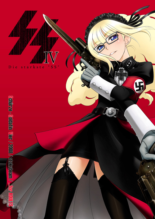 1girl, blonde_hair, blue_eyes, cross, die_starke_ss, female_focus, german_text, glasses, gun, handgun, iron_cross, nazi, ootsuka_mahiro, original, pistol, ranguage, solo, swastika, thighhighs, translated, weapon, world_war_ii