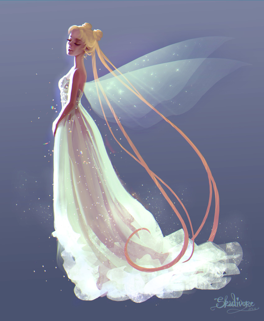 1girl, 2016, absurdly_long_hair, adapted_costume, alternate_costume, artist_name, bare_shoulders, bishoujo_senshi_sailor_moon, chromatic_aberration, closed_eyes, closed_mouth, dated, double_bun, dress, female_focus, full_body, hair_bun, highres, light_particles, long_hair, parted_bangs, princess_serenity, purple_background, see-through_clothes, signature, simple_background, skadivore, solo, strapless, strapless_dress, transparent_wings, tsukino_usagi, twintails, very_long_hair, white_dress, wings