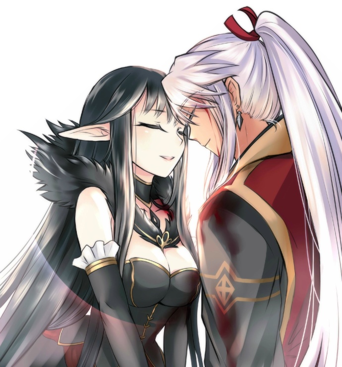 1boy, 1girl, amakusa_shirou_(fate), amakusa_shirou_(third_ascension)_(fate), bare_shoulders, black_dress, black_hair, breasts