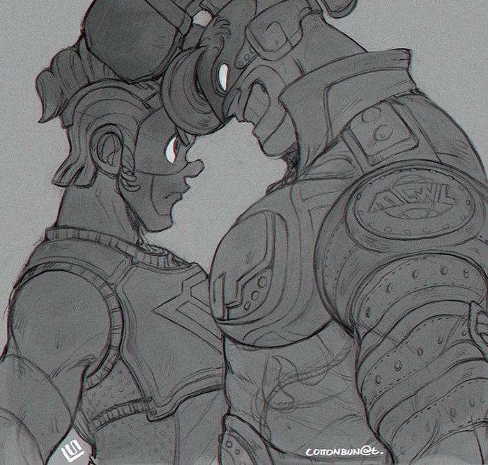 2boys, arms_(game), greyscale, grin, helmet, looking_up, male_focus, mask