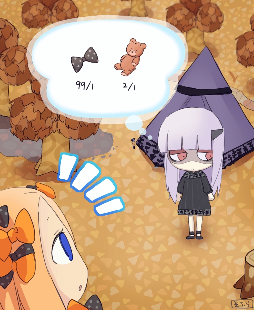 2girls, :<, :o, abigail_williams_(fate), absurdres, animal_crossing, animal_crossing:_pocket_camp, averting_eyes