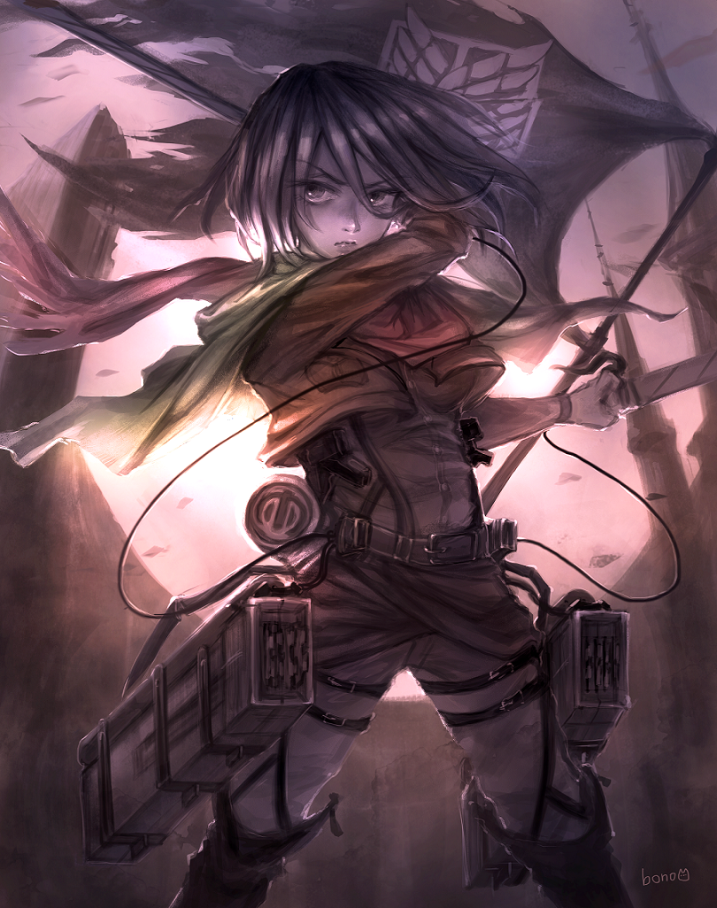 1girl, belt, black_eyes, black_hair, bono_(bonobo0088), dual_wielding, eyes_visible_through_hair, female_focus, flag, frown, holding, jacket, mikasa_ackerman, red_scarf, scarf, serious, shingeki_no_kyojin, short_hair, solo, steeple, sword, thigh_strap, three-dimensional_maneuver_gear, weapon