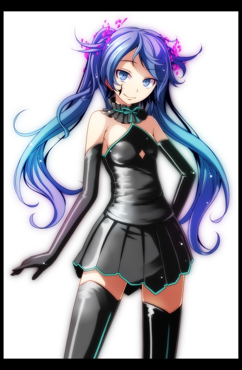 1girl, absurdres, argyle_clothes, black_gloves, black_skirt, black_thighhighs, blue_eyes, blue_hair, border, choker, clothing_cutout, cowboy_shot, diamond_cutout, elbow_gloves, female_focus, floating_hair, ghost_rule_(vocaloid), gloves, green_ribbon, hand_on_own_hip, hatsune_miku, hatsune_miku_(ghost_module), highres, long_hair, looking_at_viewer, miniskirt, pleated_skirt, project_diva_(series), project_diva_mega39's, ribbon, simple_background, skirt, smile, solo, standing, strapless, thighhighs, tsukishiro_saika, twintails, underboob_cutout, very_long_hair, vocaloid, white_background, zettai_ryouiki