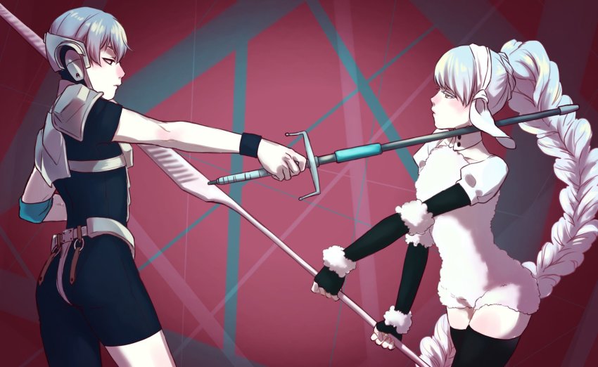 1boy, 1girl, bad_id, bad_twitter_id, black_gloves, black_thighhighs, braid, elbow_gloves, frend_sheep, gloves, highres, juuni_taisen, juuni_taisen_vs_juuni_taisen, long_hair, short_sleeves, single_braid, sumino_tsugiyoshi, thighhighs, very_long_hair