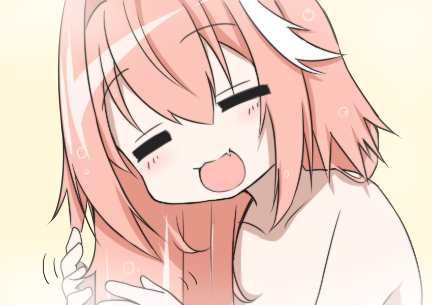 1boy, =_=, astolfo_(fate), bad_id, bad_pixiv_id, bath, closed_eyes, fang, fate/apocrypha, fate_(series), highres, kitajima_yuuki, long_hair, lucky_star, male_focus, multicolored_hair, nude, open_mouth, parody, pink_hair, solo, streaked_hair, style_parody, timotei, trap, washing_hair