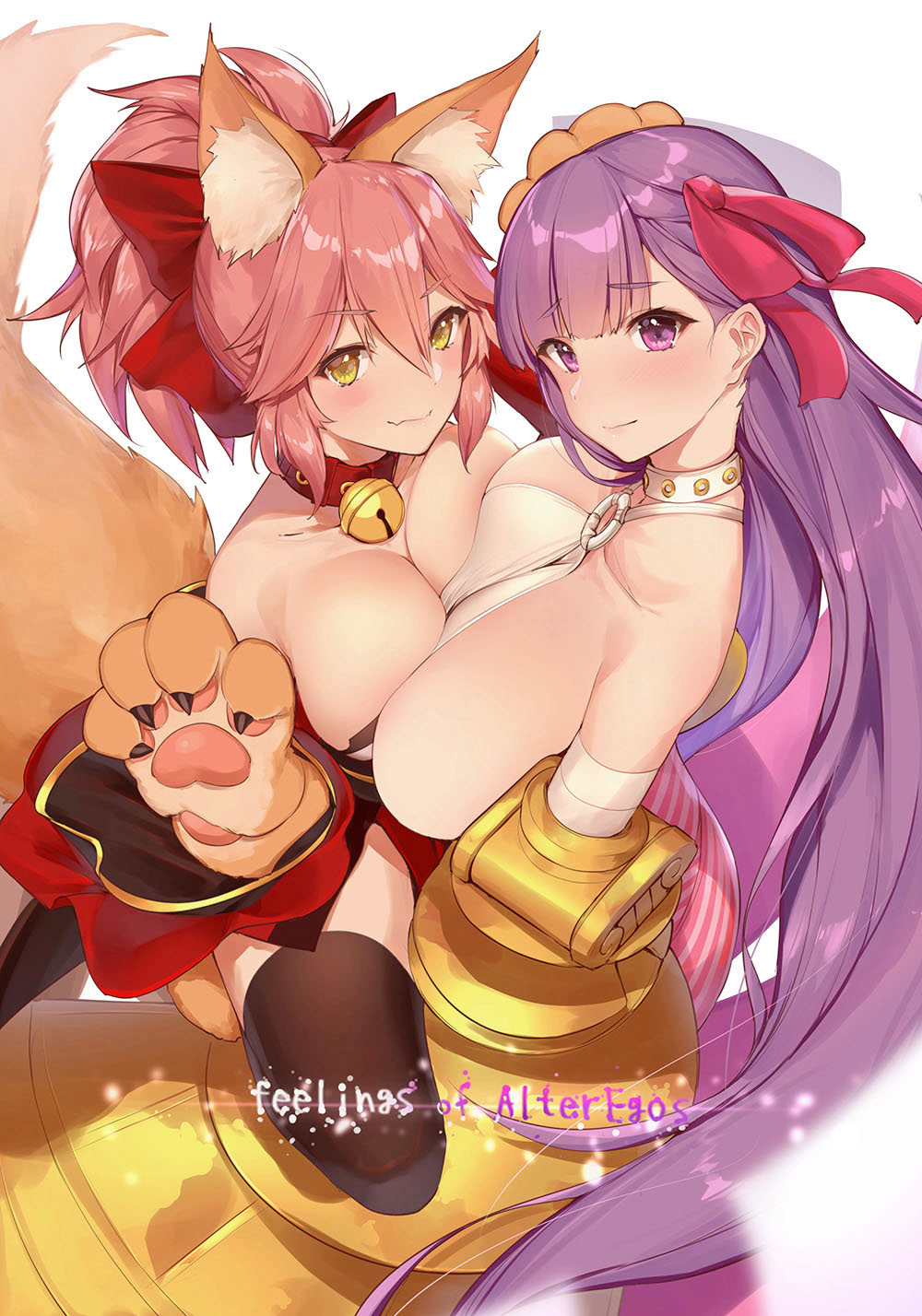 10s, 2girls, animal_ears, animal_hands, asymmetrical_docking, bare_shoulders, bell, belt_collar, black_legwear, blush, bow, breast_press, breasts, cat_paws, cleavage, collar, commentary_request, english_text, fangs, fate/extra, fate/extra_ccc, fate/grand_order, fate_(series), fox_ears, fox_tail, gloves, hair_bow, hair_ribbon, halterneck, highres, huge_breasts, jingle_bell, large_breasts, long_hair, looking_at_viewer, multiple_girls, neck_bell, o-ring, o-ring_top, passionlip_(fate), paw_gloves, pink_hair, pink_ribbon, purple_eyes, purple_hair, ribbon, signature, simple_background, smile, tail, tamamo_cat_(fate), tamamo_cat_(first_ascension)_(fate), tamamo_no_mae_(fate), text_focus, thighhighs, very_long_hair, white_background, yaman, yellow_eyes