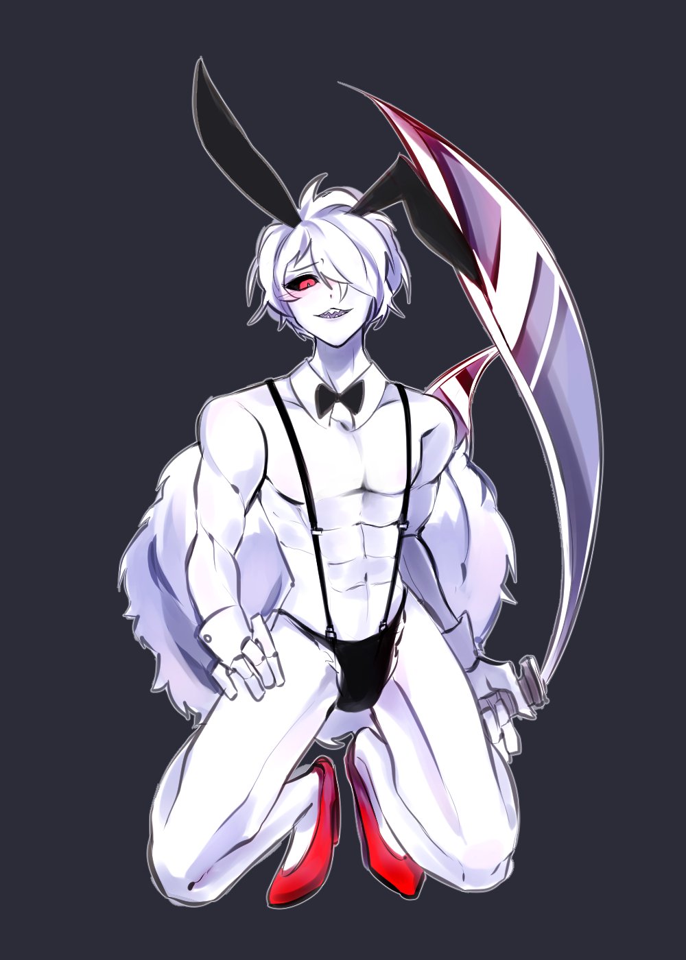 1boy, animal_ears, bad_id, bad_twitter_id, black_sclera, blush, briefs, colored_sclera, fake_animal_ears, fake_tail, grey_background, high_heels, highres, juuni_taisen, male_focus, male_playboy_bunny, male_underwear, rabbit_ears, rabbit_tail, red_footwear, scimitar, simple_background, smile, solo, squatting, suspenders, sword, tail, underwear, usagi_(juuni_taisen), weapon