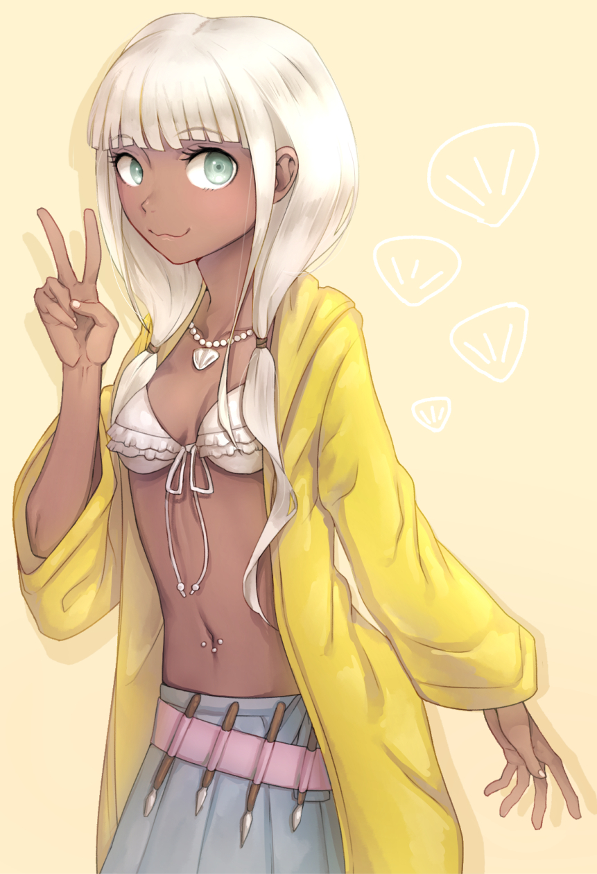 1girl, bead_necklace, beads, belly, blue_eyes, bra, danganronpa_(series), danganronpa_v3:_killing_harmony, dark-skinned_female, dark_skin, female_focus, highres, jacket, jewelry, long_hair, midriff, miniskirt, necklace, paxio44, paxiochicc, seashell, shell, silver_hair, skirt, smile, solo, twintails, underwear, yellow_jacket, yonaga_angie
