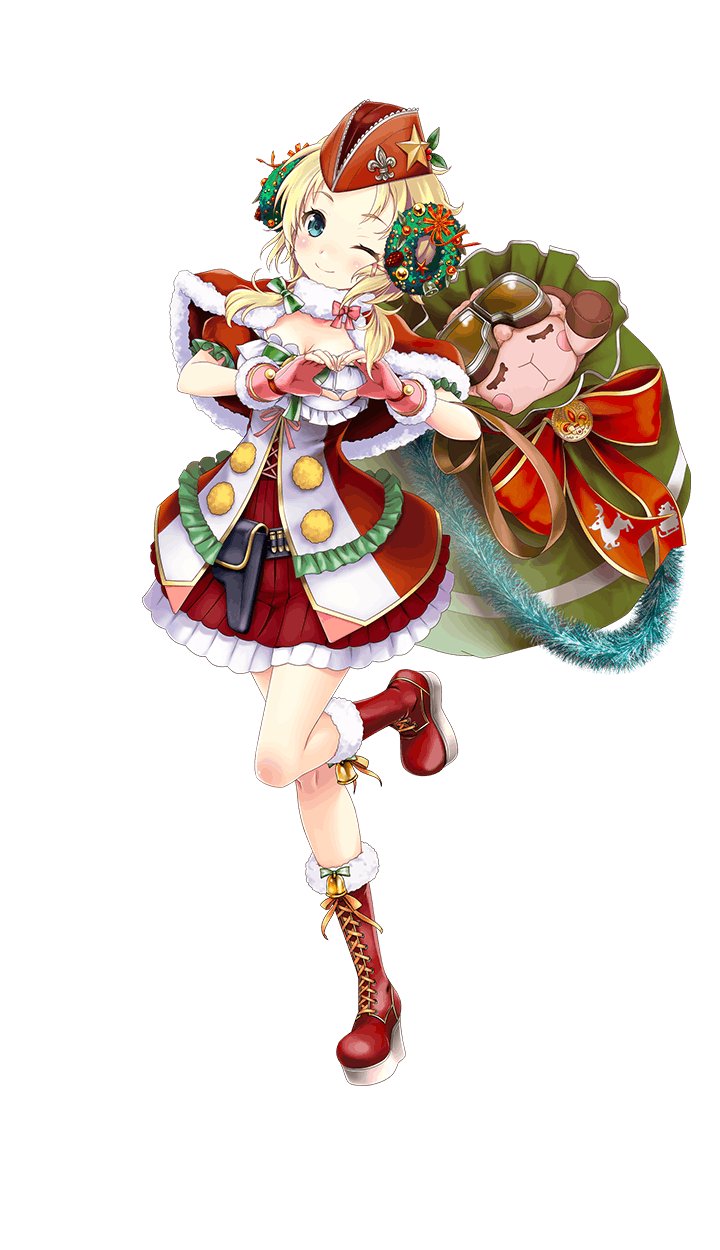 1girl, ;), blonde_hair, blue_eyes, blush, boots, breasts, capelet