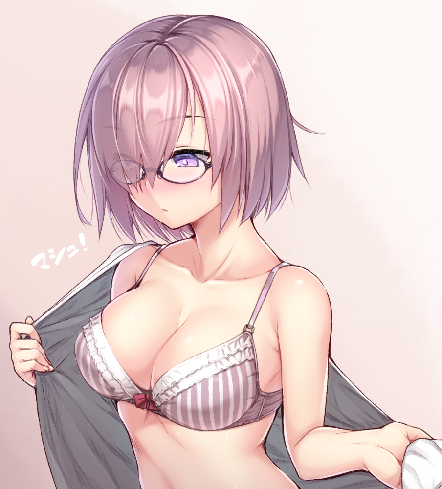 1girl, bare_arms, bare_shoulders, beige_background, black-framed_eyewear, blush, bow, bow_bra