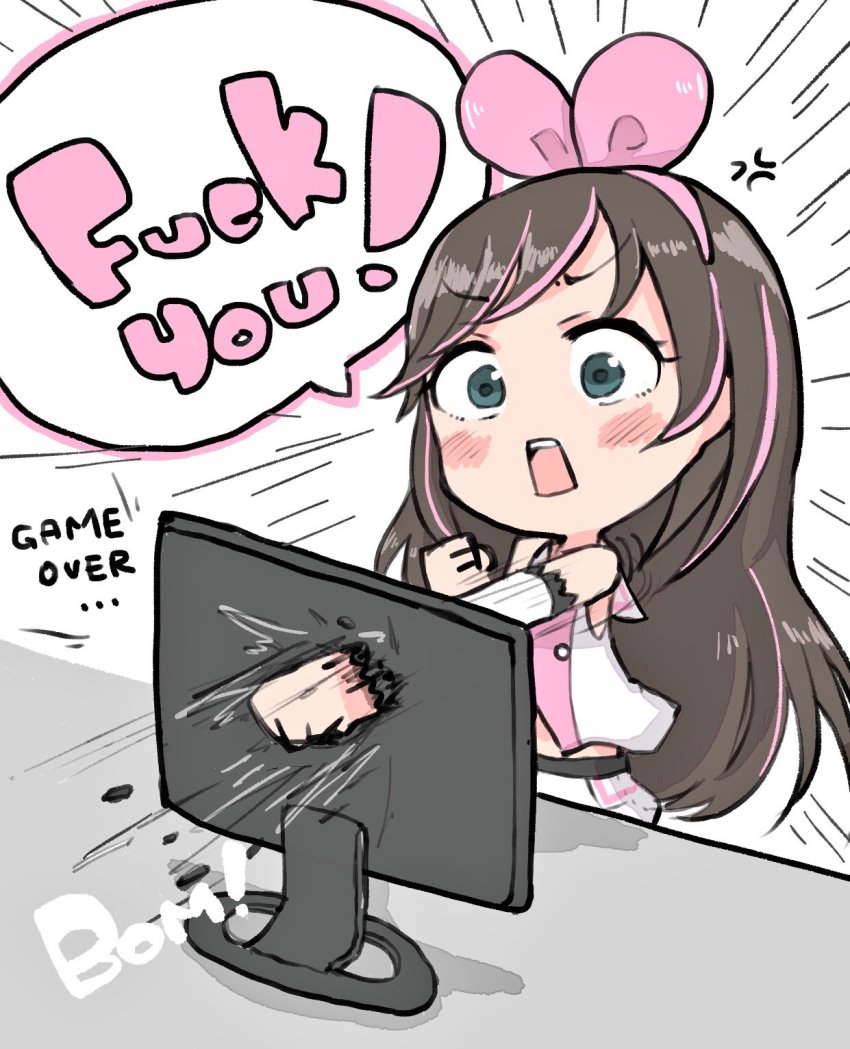 1girl, blue_eyes, blush, bow, brown_hair, commentary_request, computer, destruction, ebi_gohan, english_text, female_focus, hair_bow, hairband, highres, kizuna_ai, kizuna_ai_(1st_costume), kizuna_ai_inc., long_hair, monitor, multicolored_hair, pink_bow, profanity, punching, sailor_collar, solo, streaked_hair, virtual_youtuber
