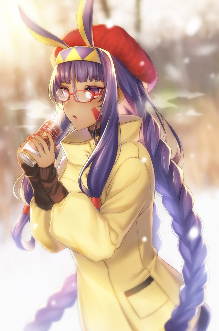 1girl, :o, alternate_hairstyle, amakura_(am_as), animal_ears, beret, bespectacled, blunt_bangs, blurry, blurry_background, braid, breath, can, casual, coat, dark-skinned_female, dark_skin, drink_can, eyeshadow, facepaint, fate/grand_order, fate_(series), female_focus, glasses, hair_tubes, hairband, has_bad_revision, has_downscaled_revision, hat, highres, holding, long_hair, long_sleeves, makeup, md5_mismatch, multicolored_hairband, nail_polish, nitocris_(fate), nitocris_(winter_thanksgiving_festival)_(fate), open_mouth, purple_eyes, purple_hair, rabbit_ears, red-framed_eyewear, red_hat, red_nails, resolution_mismatch, sidelocks, sleeves_past_wrists, snowing, soda_can, solo, source_smaller, tsurime, twin_braids, two-tone_hairband, upper_body, very_long_hair, winter, winter_clothes, winter_coat, yellow_coat