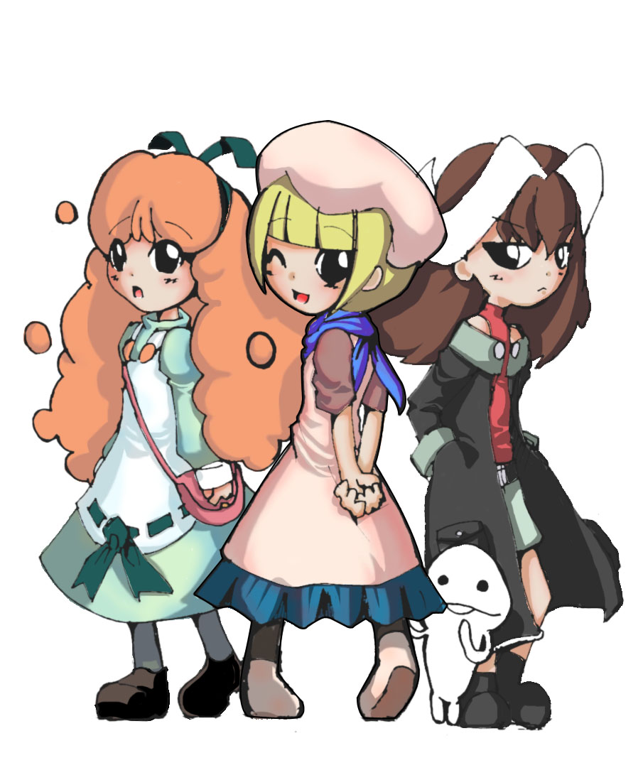 3girls, bag, beeworks, blonde_hair, brown_hair, chitose_(osawari_tantei), chloe, coat