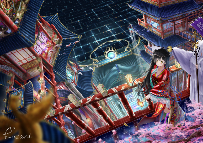 1girl, absurdres, architecture, artist_name, black_hair, blush, double_bun, east_asian_architecture