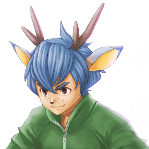 1boy, 634, animal_crossing, animal_ears, antlers, bam_(animal_crossing), blue_hair, brown_eyes