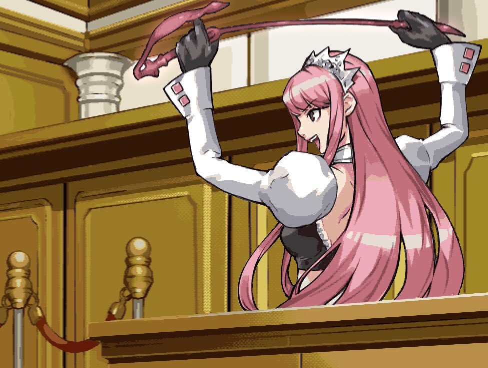 1girl, ace_attorney, adapted_costume, cosplay, courtroom, crop_top, crown, fate/grand_order