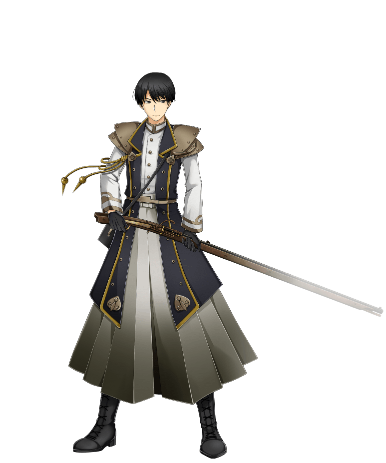 1boy, antique_firearm, armor, black_boots, black_gloves, black_hair, boots, buttons, finger_on_trigger, firearm, frown, full_body, gloves, grey_eyes, gun, hakama, hakama_skirt, holding, holding_gun, holding_weapon, ieyasu_(senjuushi), japanese_clothes, kinoshita_sakura, lace-up_boots, male_focus, military, military_uniform, official_art, senjuushi:_the_thousand_noble_musketeers, senjuushi_(series), short_hair, shoulder_armor, skirt, solo, straight-on, tachi-e, transparent_background, weapon