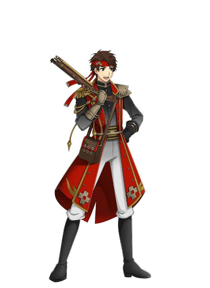 1boy, aiguillette, antique_firearm, armor, belt, boots, brown_hair, buttons, epaulettes, firearm, fringe_trim, full_body, gauntlets, grey_eyes, gun, hachimaki, hand_on_own_hip, headband, holding, holding_gun, holding_weapon, kinoshita_sakura, knee_boots, male_focus, military, military_uniform, official_art, over_shoulder, senjuushi:_the_thousand_noble_musketeers, senjuushi_(series), short_hair, shoulder_armor, solo, tachi-e, transparent_background, weapon, weapon_over_shoulder, yukimura_(senjuushi)