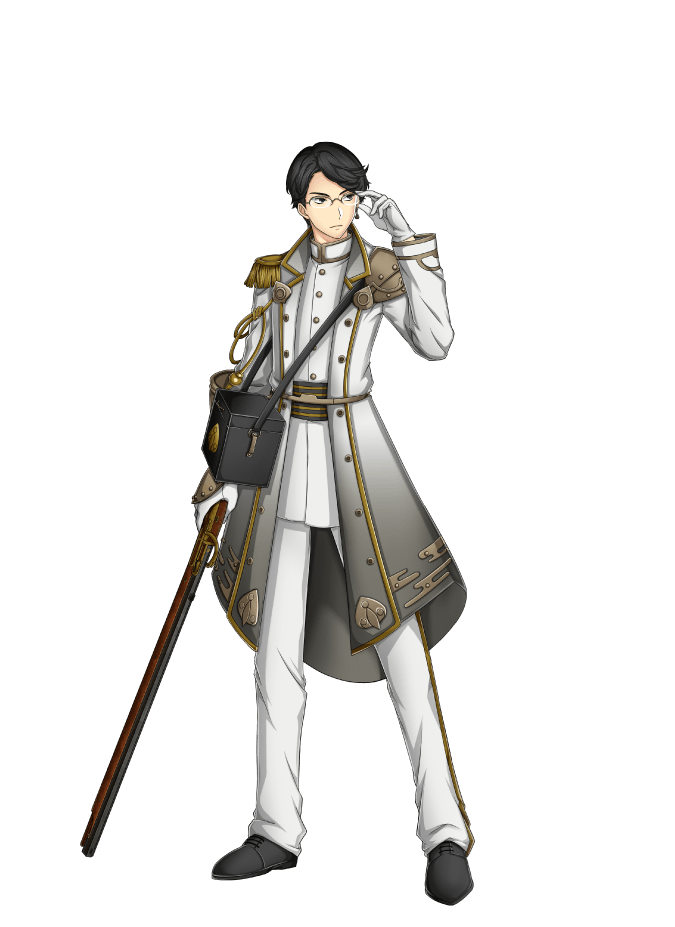 1boy, adjusting_eyewear, aiguillette, antique_firearm, armor, black_eyes, black_hair, buttons, epaulettes, firearm, firelock, fringe_trim, full_body, glasses, gloves, gun, hidetada_(senjuushi), holding, holding_gun, holding_weapon, kinoshita_sakura, long_coat, male_focus, matchlock, military, military_uniform, official_art, senjuushi:_the_thousand_noble_musketeers, senjuushi_(series), short_hair, shoulder_armor, solo, tachi-e, transparent_background, weapon, white_gloves