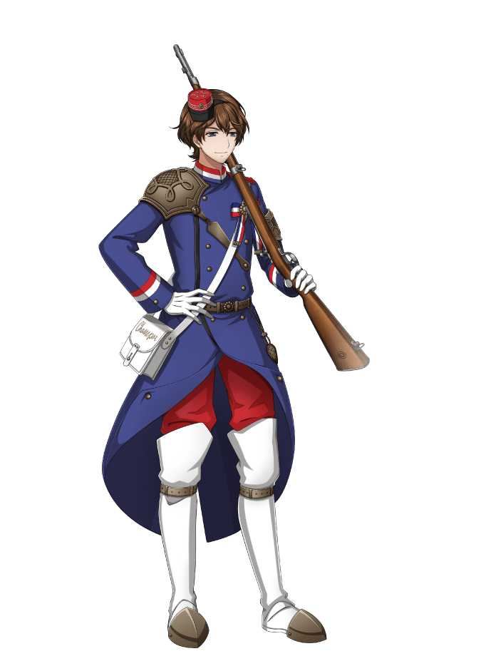 1boy, antique_firearm, armor, belt, blue_eyes, bolt_action, boots, brown_hair, buttons, chassepot_(senjuushi), firearm, full_body, gloves, gun, hand_on_own_hip, hat, holding, holding_gun, holding_weapon, kinoshita_sakura, male_focus, medal, military, military_hat, military_uniform, official_art, over_shoulder, rifle, senjuushi:_the_thousand_noble_musketeers, senjuushi_(series), short_hair, shoulder_armor, solo, tachi-e, thigh_boots, thighhighs, transparent_background, weapon, weapon_over_shoulder, white_boots, white_gloves