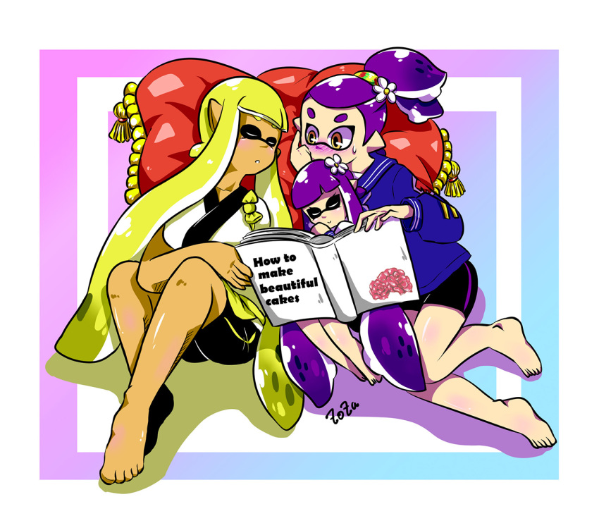 1boy, 2girls, artist_name, barefoot, beauty_(zoza), bike_shorts, black_footwear, black_shorts