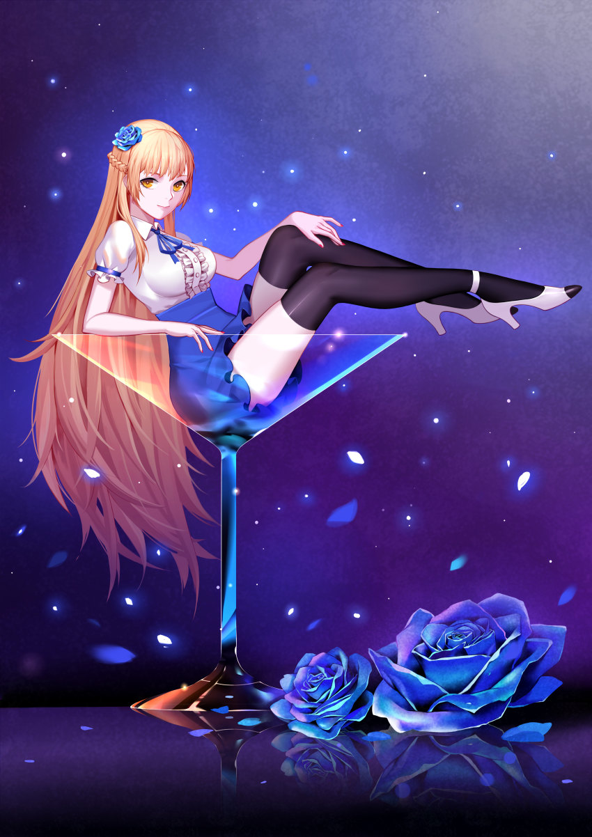 1girl, absurdres, bad_id, bad_pixiv_id, black_thighhighs, blue_eyes, blue_flower, blue_rose, blue_skirt, braid, center_frills, cocktail_glass, cup, drinking_glass, female_focus, flower, french_braid, frilled_shirt, frills, from_side, full_body, half_updo, high-waist_skirt, high_heels, highres, looking_at_viewer, mini_person, minigirl, miniskirt, nail_polish, orange_eyes, orange_hair, plantar_flexion, puffy_nipples, quan_zhi_gao_shou, reflection, ribbon-trimmed_sleeves, ribbon_trim, rose, shirt, sitting, skirt, solo, striped, su_mucheng, thighhighs, vertical_stripes, white_footwear, white_shirt, zettai_ryouiki, zhano_kun