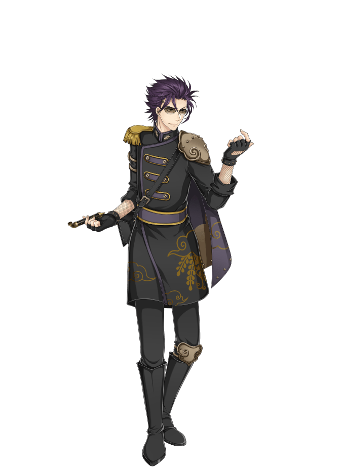 1boy, arm_strap, armor, asymmetrical_bangs, beckoning, black_boots, black_gloves, boots, capelet, cloud_print, coat, come_hither, epaulettes, fingerless_gloves, fishnet_gloves, fishnets, full_body, gloves, holding, holding_smoking_pipe, kinoshita_sakura, kiseru, kiseru_(senjuushi), knee_boots, knee_pads, male_focus, official_art, purple_hair, senjuushi:_the_thousand_noble_musketeers, senjuushi_(series), shoulder_armor, smoking_pipe, solo, spiked_hair, sunglasses, transparent_background