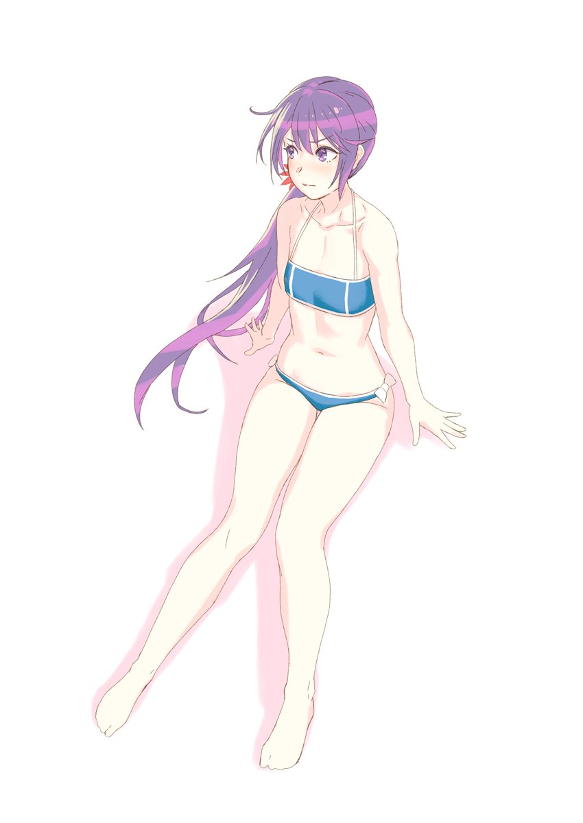 1girl, akebono_(kancolle), akebono_(pm_swimsuit)_(kancolle), bare_arms, bare_legs, bare_shoulders, barefoot, bikini