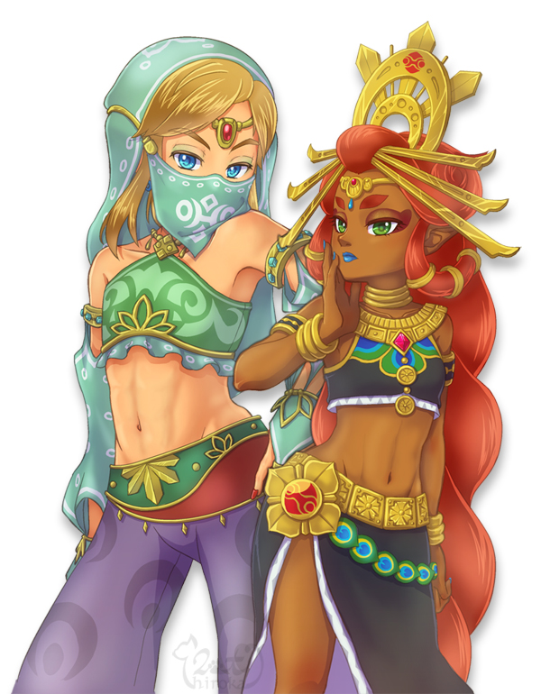1boy, 1girl, bare_shoulders, black_skirt, blonde_hair, blue_eyes, blue_lips, bracelet, braid, circlet, collarbone, crop_top, crossdressing, dark-skinned_female, dark_skin, eyelashes, gem, gerudo, gerudo_set_(zelda), green_eyes, groin, hair_ornament, hair_rings, hair_stick, hiroka_m, jewelry, link, lipstick, long_hair, makeup, mouth_veil, nail_polish, nintendo, pants, purple_pants, riju, side_slit, simple_background, single_braid, skirt, standing, the_legend_of_zelda, the_legend_of_zelda:_breath_of_the_wild, thick_eyebrows, trap, veil, very_long_hair, white_background