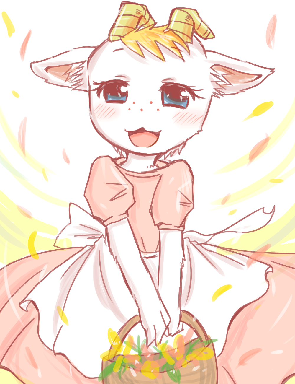 1girl, animal_crossing, animal_ears, apron, basket, blonde_hair, blue_eyes, blush, chevre_(animal_crossing), dress, female_focus, flower, freckles, furry, furry_female, goat_ears, goat_horns, highres, horns, nintendo, noruu_(retain), open_mouth, petals, solo