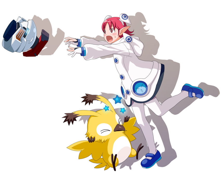 >_<, 1girl, animal, bad_id, bad_pixiv_id, bird, blush, closed_eyes, creature, dress, drop_shadow, fingerless_gloves, flat_chest, flying, gloves, hood, ogi, open_mouth, outstretched_arms, outstretched_hand, phantasy_star, phantasy_star_online, phantasy_star_zero, pointy_ears, rappy, reaching, red_eyes, red_hair, robot, sarisa, sega, severed_head, shadow, short_hair, simple_background, skirt, star_(symbol), thighhighs, tripping, white_background, white_skirt, white_thighhighs, yuzuriha_(active_homing)