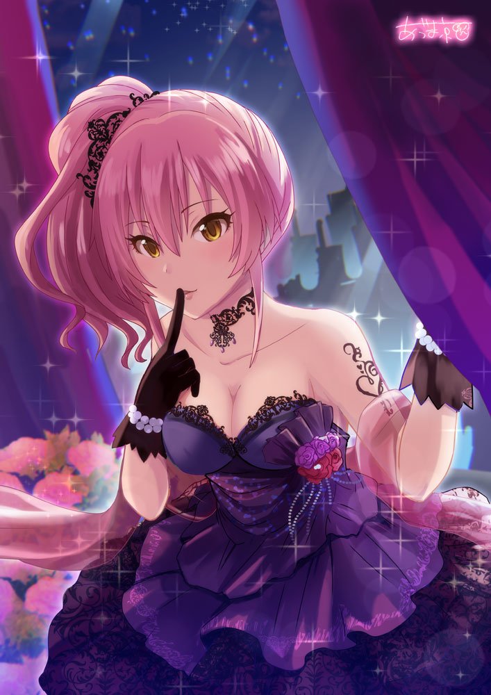 1girl, azuma_kei, black_gloves, breasts, choker, cleavage, curtains, dress