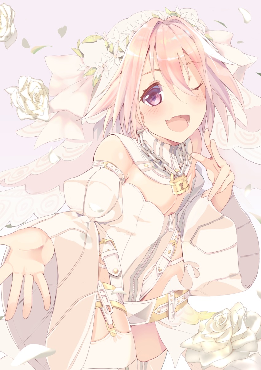 1boy, astolfo_(fate), belt, belt_skirt, black_bow, bow, braid, bridal_veil