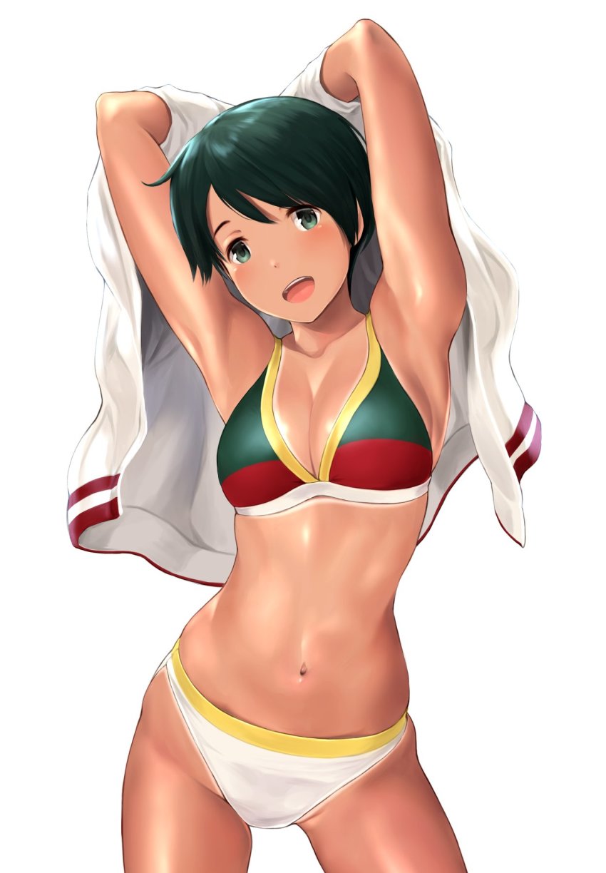 1girl, armpits, arms_up, bikini, bikini_tan, blush, breasts, cleavage, cowboy_shot, female_focus, green_eyes, green_hair, hair_between_eyes, highres, jacket, kantai_collection, legs_apart, looking_at_viewer, medium_breasts, mismatched_bikini, mogami_(kancolle), mogami_(swimsuit)_(kancolle), multicolored_bikini, multicolored_bikini_top, navel, open_mouth, shiny_skin, short_hair, simple_background, skindentation, solo, standing, swept_bangs, swimsuit, tan, tanline, teeth, wa_(genryusui), white_background, white_bikini