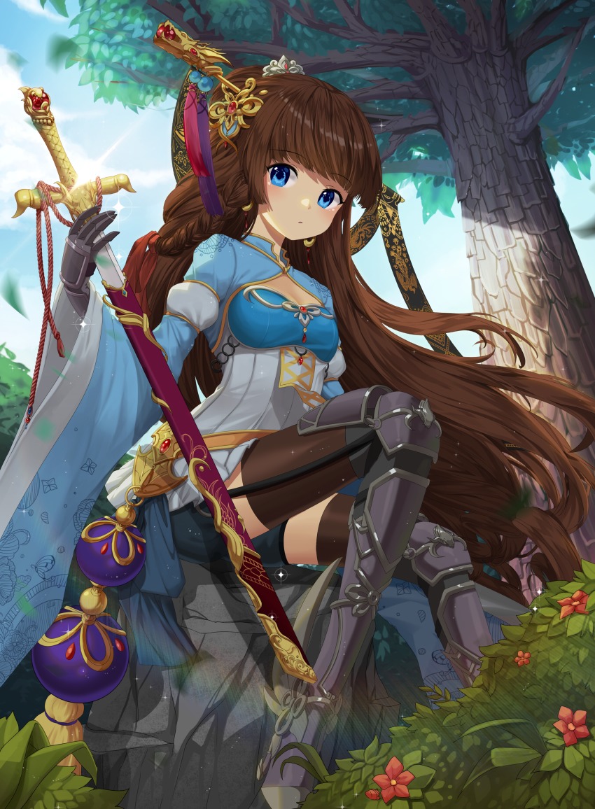 1girl, absurdres, armor, armored_boots, bad_id, bad_pixiv_id, belt, black_shorts, blue_dress, blue_eyes, blue_sky, blunt_bangs, boots, braid, breasts, brown_hair, brown_thighhighs, bush, chain, cleavage, cleavage_cutout, clothing_cutout, commentary, day, dress, earrings, falling_leaves, female_focus, floating_hair, floral_print, flower, from_below, full_body, gauntlets, gem, glint, hair_ornament, hair_stick, high_heel_boots, high_heels, highres, holding, holding_sword, holding_weapon, hoop_earrings, jewelry, leaf, lepoule, long_hair, long_sleeves, looking_at_viewer, motion_blur, original, outdoors, parted_lips, print_dress, rainbow, red_flower, rock, rope, scabbard, sheath, shorts, sitting, sky, small_breasts, solo, sparkle, sword, tassel, thighhighs, tiara, tree, very_long_hair, weapon, wide_sleeves, wind