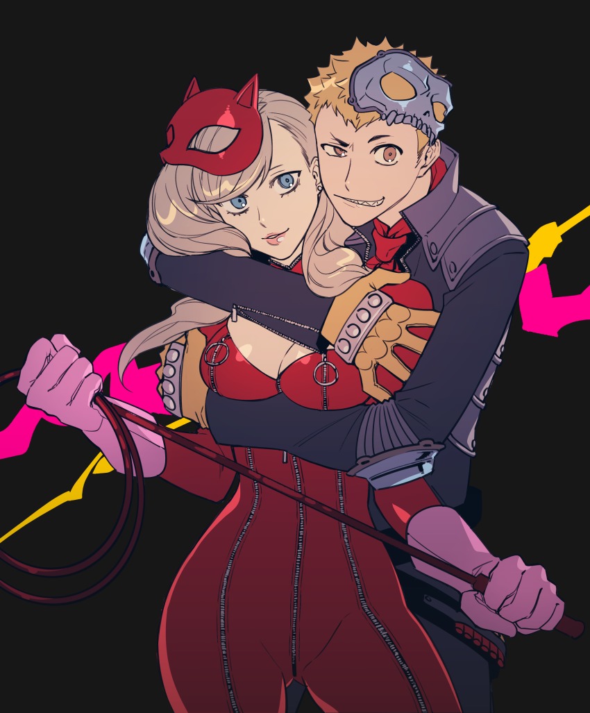 10s, 1boy, 1girl, absurdres, black_background, blonde_hair, blue_eyes, breasts, brown_eyes, cleavage, gloves, hetero, highres, hug, hug_from_behind, looking_at_viewer, louis_hyeon, megami_tensei, panther_(persona_5), parted_lips, persona, persona_5, sakamoto_ryuuji, sharp_teeth, shin_megami_tensei, skull_(persona_5), smile, takamaki_anne, teeth, twintails, zipper