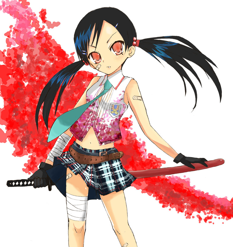 bandaid, bandaid_on_face, maro_nie, miniskirt, mole, mole_under_eye, oneechanbara, plaid_clothes
