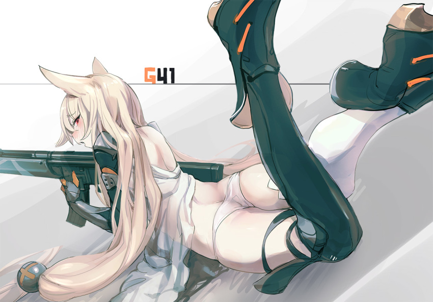 1girl, ass, bad_id, bad_tumblr_id, bee_(deadflow), blonde_hair, blush, butt_crack, character_name, dutch_angle, female_focus, flat_ass, from_behind, g41_(girls'_frontline), girls'_frontline, gun, h&amp;k_g41, hair_bobbles, hair_ornament, holding, holding_gun, holding_weapon, long_hair, looking_at_viewer, looking_back, lying, mechanical_arms, on_stomach, open_mouth, panties, red_eyes, rifle, sidelocks, single_thighhigh, solo, sphere_hair_ornament, thighhighs, thighs, tsurime, underwear, very_long_hair, weapon, white_panties, white_thighhighs