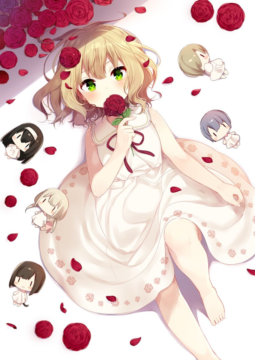 1girl, :3, :o, arm_at_side, asai_ayaka, bad_id, bad_twitter_id, bare_arms, bare_legs, bare_shoulders, barefoot, blonde_hair, blush, blush_stickers, brown_hair, character_doll, doll, dress, feet_out_of_frame, female_focus, floral_print, flower, from_above, futaba_anzu, green_eyes, hair_flower, hair_ornament, hair_over_one_eye, hairband, highres, holding, holding_flower, idolmaster, idolmaster_cinderella_girls, knee_up, looking_at_viewer, low_twintails, lying, maekawa_miku, mafuyu_(chibi21), on_back, parted_lips, petals, purple_hair, red_flower, red_ribbon, red_rose, ribbon, rose, rose_petals, rose_print, sagisawa_fumika, sakurai_momoka, shirasaka_koume, short_hair, sleeveless, sleeveless_dress, solo, tareme, twintails, white_dress, white_hairband
