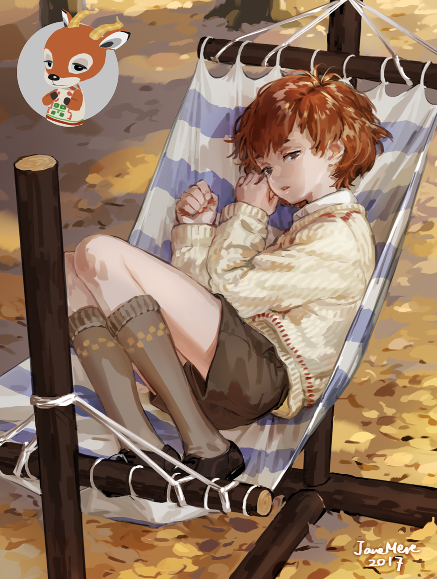 1boy, 2017, animal, animal_crossing, animal_crossing:_pocket_camp, artist_name, autumn_leaves, beau_(animal_crossing)